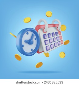 3D Clock, Calendar and Golden Coins Isolated. Render Time is Money Concept. Annual Revenue, Financial Investment, Savings, Bank Deposit, Future Income, Business Money Benefit. Vector Illustration