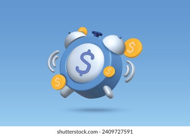 reloj 3d y moneda con diseño de ilustración vectorial de icono de flecha. Concepto de dinero del tiempo en fondo azul. 