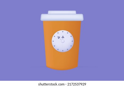 3d clock and a cup of tea or coffee. Breakfast time, hot drink advertising concept. Vector banner. Drink your morning tea on time. Modern design for a label, menu for a break. Disposable cup.