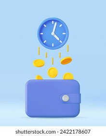 3D-Uhr mit Dollar Golden Coins in Wallet . Zeit ist Geld Konzept Jahreseinnahmen, Finanzinvestitionen, Sparen, Bankeinlagen, zukünftige Einkommen. 3D-Darstellung. Vektorgrafik