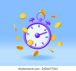 3D Clock with Dollar Golden Coins Isolated. Render Time is Money Concept Annual Revenue, Financial Investment, Savings, Bank Deposit, Future Income, Money Benefit. Vector Illustration