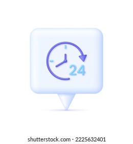 3D Clock icon on Speech Bubble. 24 hours. Passage of time Time-keeping and measurement of time. Time period concept. Trendy and modern vector in 3d style.