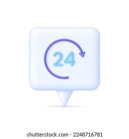 3D Clock icon on Speech Bubble. 24 hours. Passage of time Time-keeping and measurement of time. Time period concept. Trendy and modern vector in 3d style.