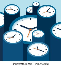 3d Clock icons in flat style, timers on blue background. Time management. More watch. Business vector illustration for you presentation