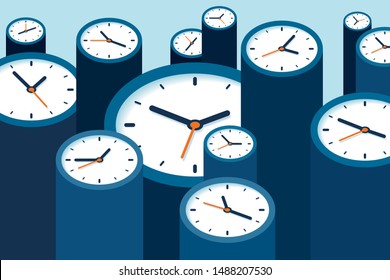 3d Clock icons in flat style, timers on blue background. Time management. More watch. Business vector illustration for you presentation