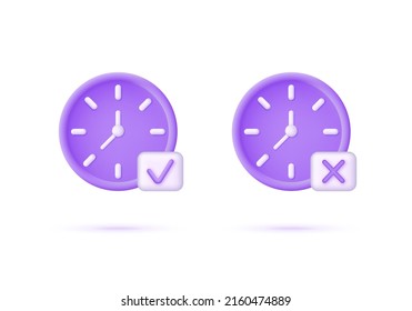 3D clock icons isolated on white background. Tick and cross sign. Yes or no. Time-keeping and measurement of time. Time period concept. Can be used for many purposes. Trendy vector in 3d style.