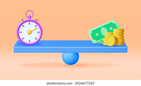 3D Clock and Money on Balance Scales Isolated. Render Time is Money Concept Annual Revenue, Financial Investment, Savings, Bank Deposit, Future Income, Money Benefit. Vector Illustration