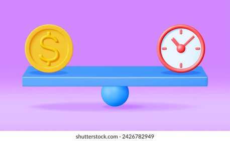 3D Clock and Money on Balance Scales Isolated. Render Time is Money Concept Annual Revenue, Financial Investment, Savings, Bank Deposit, Future Income, Money Benefit. Vector Illustration