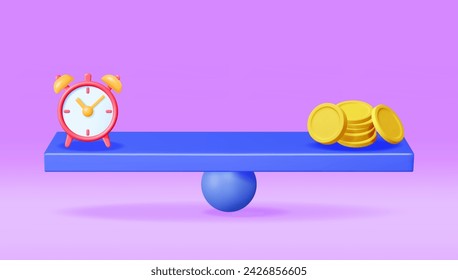 3D Clock and Money on Balance Scales Isolated. Render Time is Money Concept Annual Revenue, Financial Investment, Savings, Bank Deposit, Future Income, Money Benefit. Vector Illustration