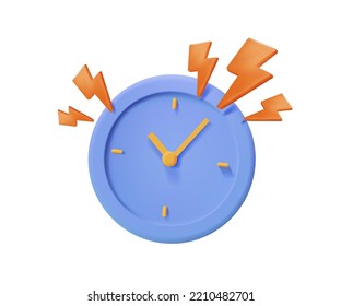 3D clock and thunder bolt icons fast delivery. Deadline symbol of thunderbolt energy, flash lightning on time alert notification. Alarm clock reminder icon vector 3d render illustration. Timer