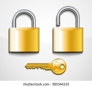3d close and open lock with key / vector illustration object