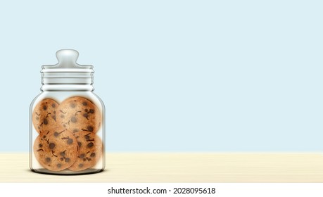 3D Close Transparent Jar With Cookies On Wooden Table. EPS10 Vector