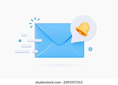 3D Closed blue envelope with speech bubble and bell. New message notification. Send letter by email. Push reminder. Newsletter subscription. Cartoon creative design icon. 3D Vector illustration