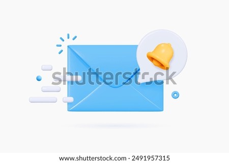 3D Closed blue envelope with speech bubble and bell. New message notification. Send letter by email. Push reminder. Newsletter subscription. Cartoon creative design icon. 3D Vector illustration