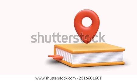 3D closed book with red geotag. Alphabetical index. Quick search for necessary information. Illustration with shadows on light background. Library resources