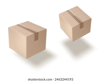 Caja De Cartón Cerrada 3D Volando Aislada Sobre Fondo Blanco. VECTOR EPS10