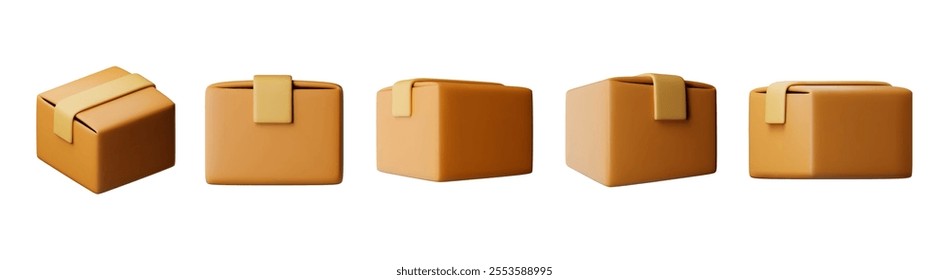 3D closed carton packaging box set isolated on white. Render collection of cardboard package with cover. Postal containers. Carton delivery packaging. Transportation and logistics. Vector illustration