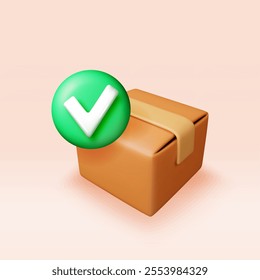 3d closed delivery box with checkmark. Render yes icon in open cardboard box. Approved or accepted delivery package, successful order received, shipped or confirmed service. Vector illustration