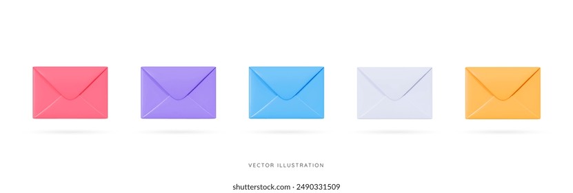 3D Closed envelopes of different colors. New message. Email notification. Social media communication. Send document. Cartoon creative design icons. 3D Vector illustration