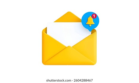3D Closed envelopes with speech bubble and bell. New message notification. Send letter by email. Isolate On Transparent Background Cut Out