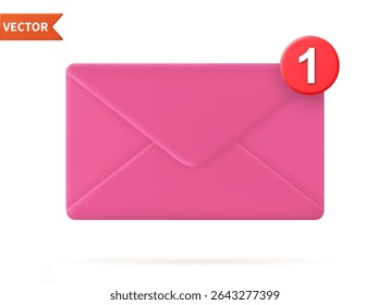 3d closed mail envelope icon with marker new message isolated on white background. incoming mail notify, newsletter and online email concept. 3d envelope render. Vector illustration