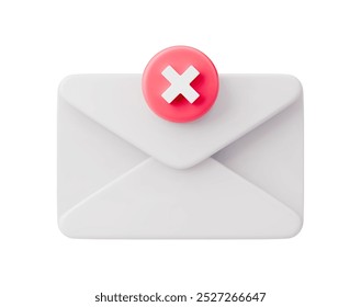 Email fechado 3d com sinal de erro. Envelope branco com sinal cruzado vermelho rejeitado. Mensagem de cancelamento ou cancelamento de assinatura do conceito de email. Ilustração vetorial realista de e-mail de declínio, spam, SMS excluído.