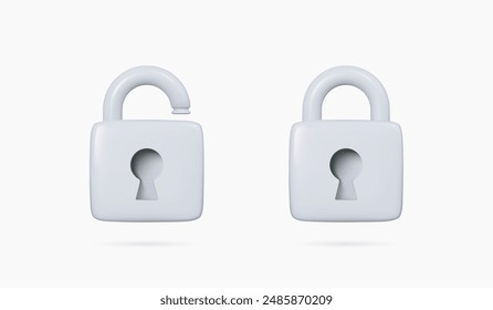 3D Cerrado y abierto juego de iconos de candado plateado. Protección de datos y concepto de seguridad. Cerradura gris con Contraseña. Privacidad y encriptación. Iconos de diseño creativo de dibujos animados. Ilustración vectorial 3D