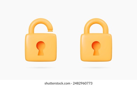 3D Closed and open yellow padlock icon set. Data protection and security concept. Lock with password. Privacy and encryption. Cartoon creative design icons. 3D Vector illustration