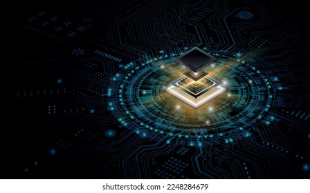 3D closeup of cpu.CPU Chip on Motherboard. Central Computer Processors CPU concept. Quantum computer, large data processing, database concept. Futuristic microchip processor. Digital chip.