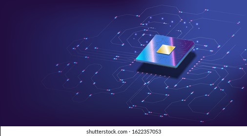 3D closeup of cpu for web design. Integrated communication processor.  Processors CPU concept. Digital chip. A futuristic projection of the microchip of the future. 