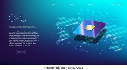 3D closeup of cpu for web design. Integrated communication processor.  Processors CPU concept. Digital chip. A futuristic projection of the microchip of the future. 3D closeup of cpu for web design.