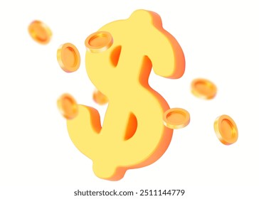 Primer plano 3D de un símbolo de dólar con monedas de oro. Ilustración vectorial para negocios, casinos y sistemas financieros.