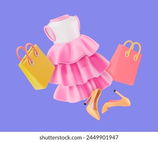 3d Clothes Female Concept Background Cartoon Design Style. Vector illustration of Floating Dress with Ruffles, Beige High Heels and Shopping Bag