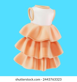 3d Clothes Female Dress with Ruffles Cartoon Design Style Women or Kid Girl Wardrobe Element. Vector illustration