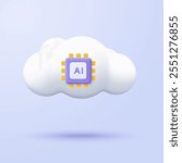 3D cloud with AI chip processor. 3D design of Artificial intelligence and data concept. Computing and data center, smart algorithm system. Vector illustration.