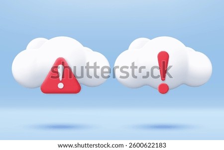 3D Cloud with alert notification error icon. Concept of error communication with database. Cloud server error. Problem statement cartoon icon. 3D vector icon render illustration.