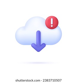 3D Cloud computing download with error icon. Data storage. Concept of broken communication with database. Data issue, disconnection. Trendy and modern vector in 3d style.
