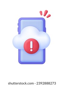 3D Cloud computing error icon on Phone. Concept of broken communication with database. Data issue, disconnection. Trendy and modern vector in 3d style.