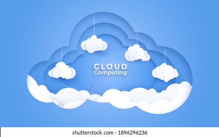 3d Cloud computing online service. Digital technology paper craft background. Vector art illustration.	