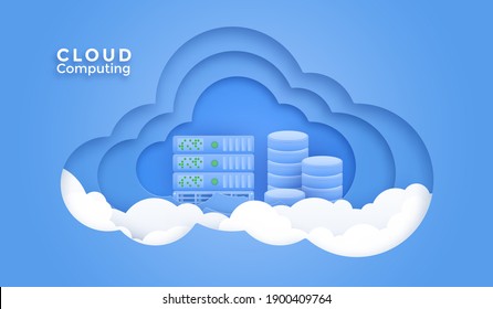 3D Cloud computing online service. Digital business technology background. Vector paper art illustration