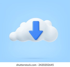 3d Cloud Computing Symbol. White fluffy cloud with download icon. 3d rendering. Vector illustration