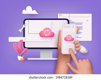 3D Cloud Computing Upload And Download Data Online Service With Mobile And Computer.