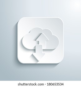 3D cloud download and upload icon. White app button with shadow. Eps10