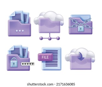 3D Cloud Folder Icon Set, Data Safe Storage Backup Service, Office Online Document File Kit. Computer Download Archive Concept, Web Portfolio, Safety Personal Data. 3D Secure Internet Folder Clipart