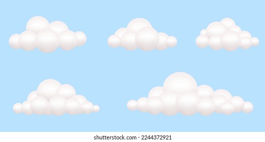 Juego de iconos en la nube 3d. Fondo del cielo de dibujos animados. Ilustración vectorial.