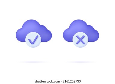 3D Cloud icons set with check and cross marks isolated on white background. Cloud storage icon set. Can be used for many purposes. Trendy and modern vector in 3d style.