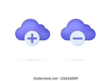 3D Cloud icons set with pluse and minus isolated on white background. Cloud storage icon set. Can be used for many purposes. Trendy and modern vector in 3d style.