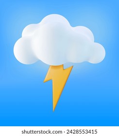 3D Cloud with Lightning Icon Isolated. Render Weather Icon. Thunderstorm in Fluffy Cloud. Realistic Weather Symbol. Vector Illustration