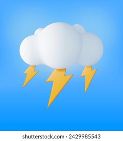 3D Cloud with Lightning Icon Isolated. Render Weather Icon. Thunderstorm in Fluffy Cloud. Realistic Weather Symbol. Vector Illustration