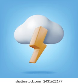 3D Cloud with Lightning Icon Isolated. Render Weather Icon. Thunderstorm in Fluffy Cloud. Realistic Weather Symbol. Vector Illustration